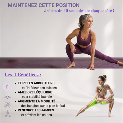 Femme de plus de 50 ans réalisant une fente latérale en Pilates pour améliorer la mobilité des hanches