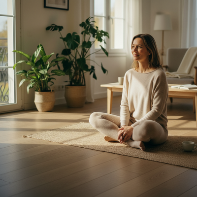  femme en tenue de sport douce sur tapis de yoga intérieur cosy lumière automnale blues de la rentrée sport doux