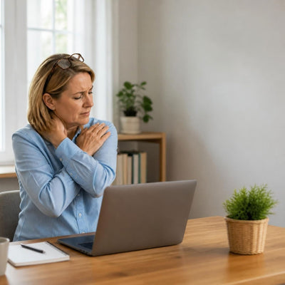 femme-teletravail-domicile-devant-son ordinateur-sur-son-bureau-se-tenant-la-nuque