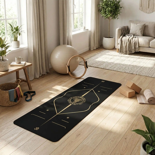 tapis Pilates à domicile espace chaleureux avec les accessoires Pilates : anneau swissball, briques