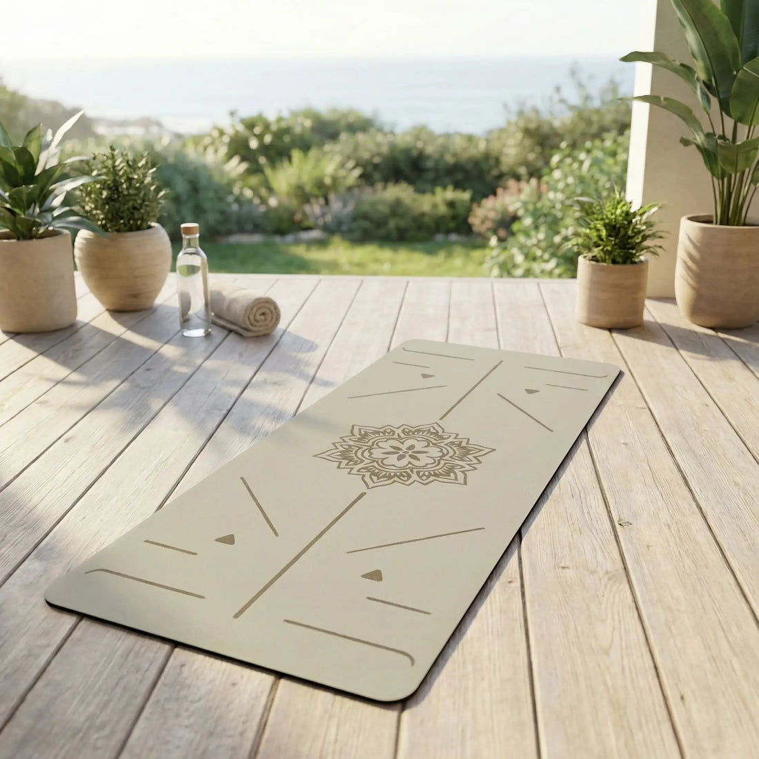 tapis de yoga beige sur une terrasse en bois face à une vue dégagée qui donne envie de s'entrainer