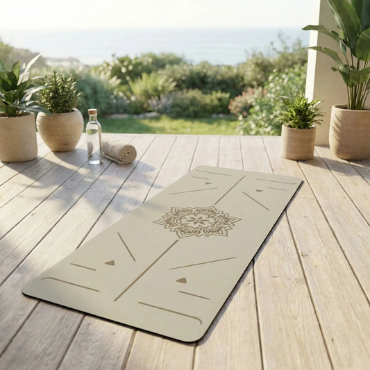 tapis de yoga beige sur une terrasse en bois face à une vue dégagée qui donne envie de s'entrainer