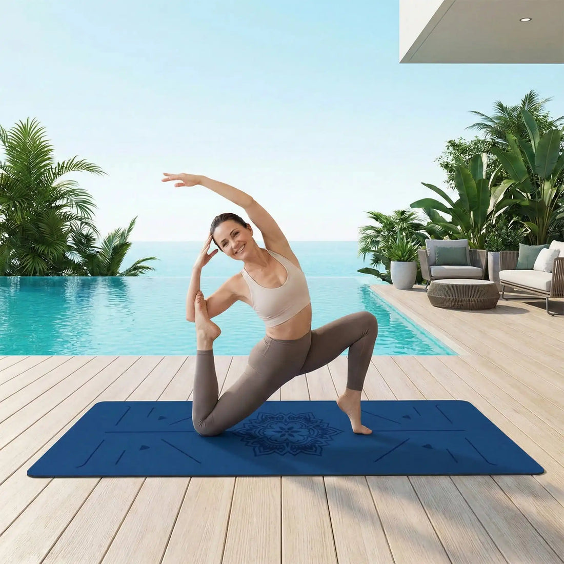 Tapis Yoga femme exercices sur sa terrasse