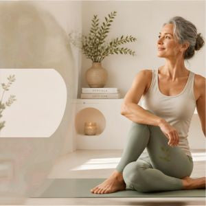 L'automne est arrivé femme  dans son salon faisant étirement