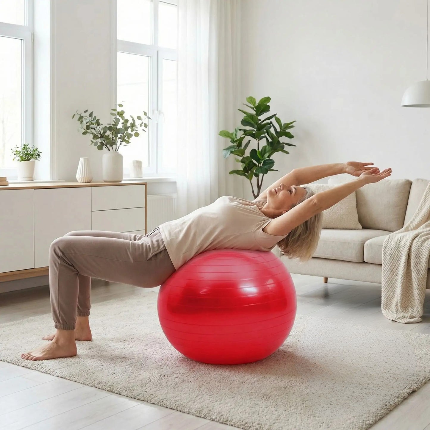 ballon yoga femme exercices sur ballon dans salon