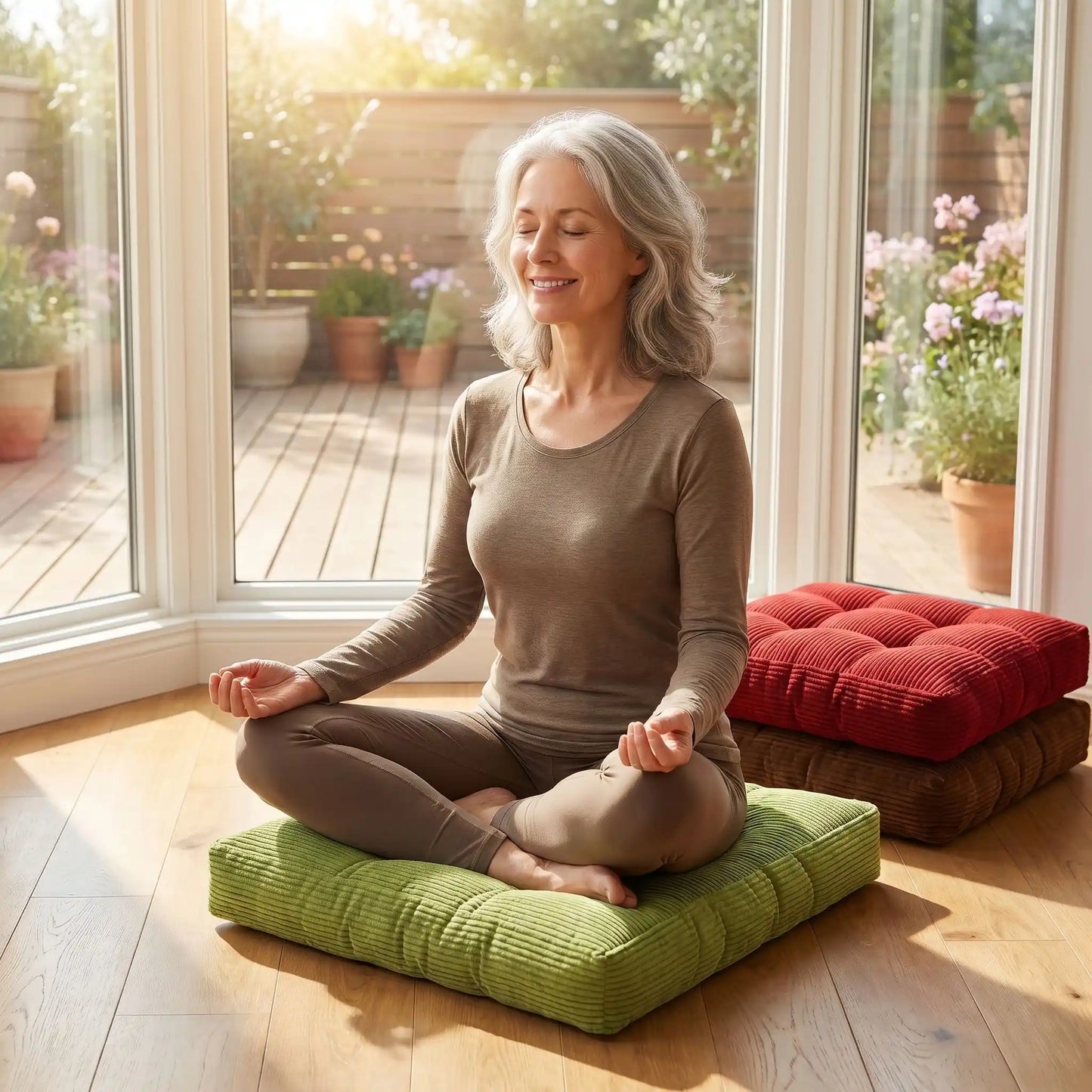 coussin yoga femme position lotus sereine deavnt sa baie vitree