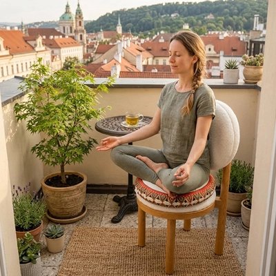 Coussin yoga femme sur sa terrasse coussin sur chaise pour méditer