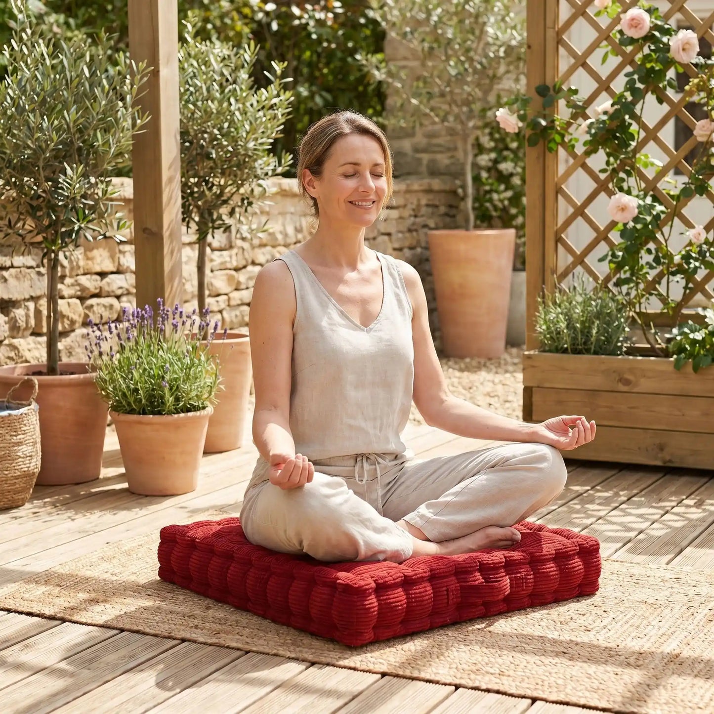 coussin yoga femme sur sa terrasse position lotus