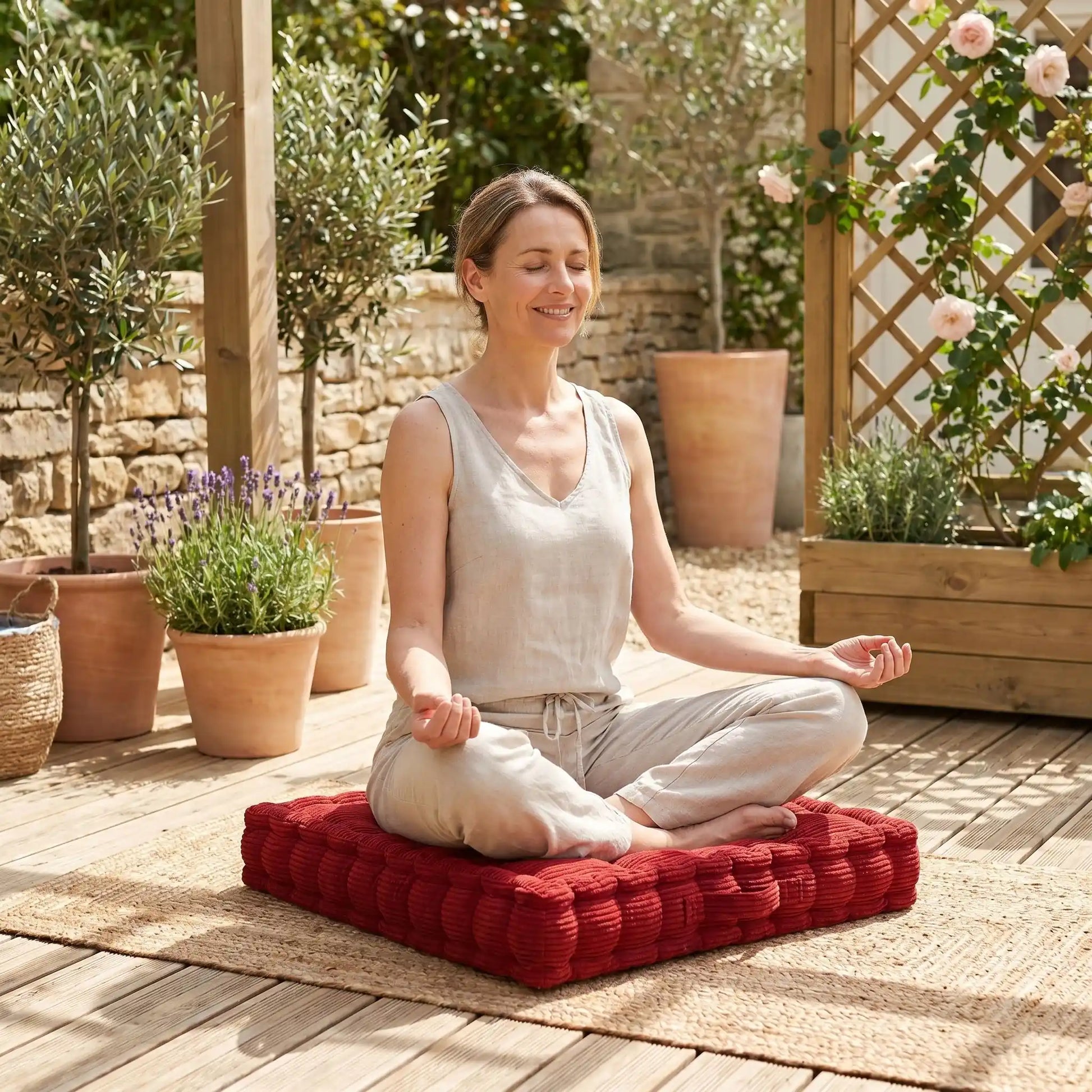 coussin yoga femme sur sa terrasse position lotus