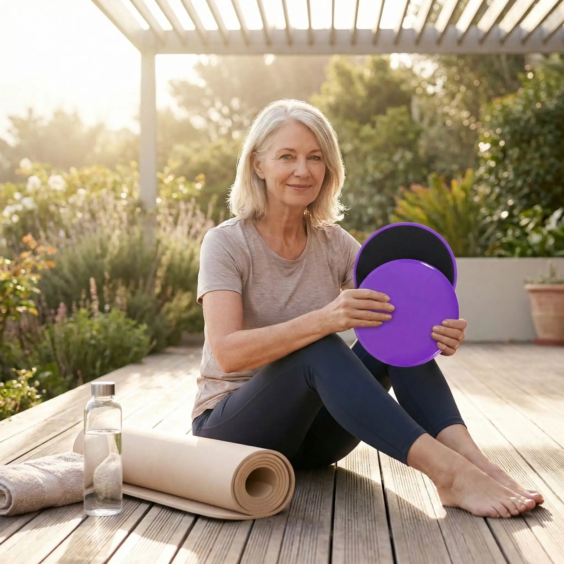 coussins d'équilibre femme sur sa terrasse tenant ces coussins d'équilibre à la main