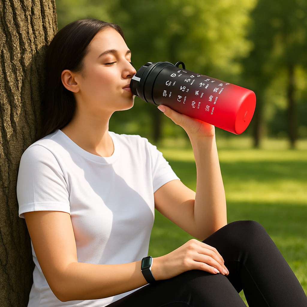 gourde de sport femme en pause contre un arbre