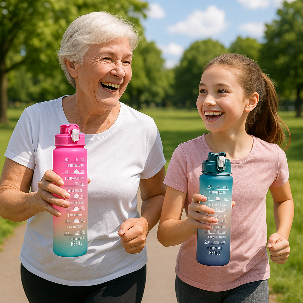 gourde de sport femme plus de 60 ans avec petite fille au parc avec gourde main