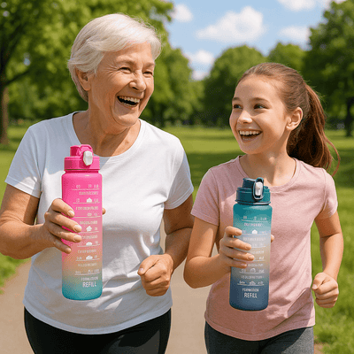 gourde de sport femme plus de 60 ans avec petite fille au parc avec gourde main