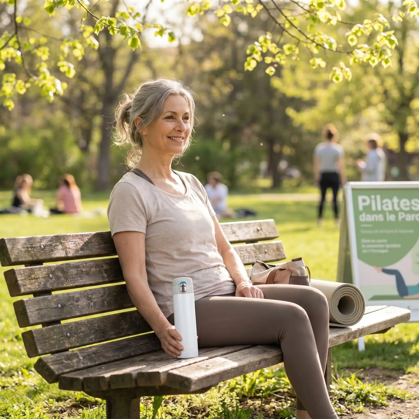 gourde isotherme blanche femme assise sur banc attendant son cours Pilates