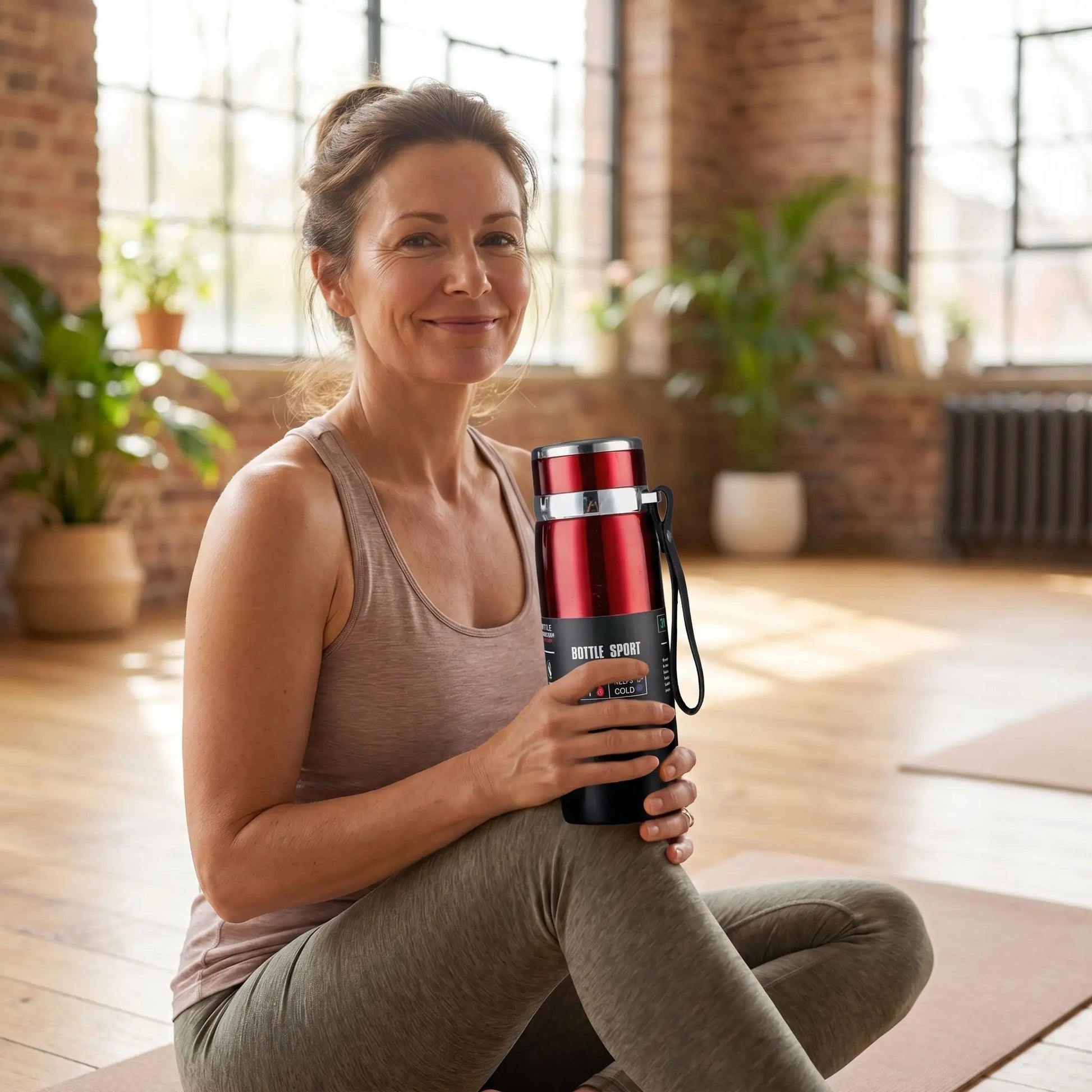 gourde isotherme femme au studio yoga pause hydratation