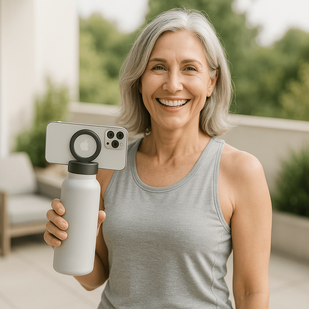 gourde isotherme femme bouteille main telephone sur gourde