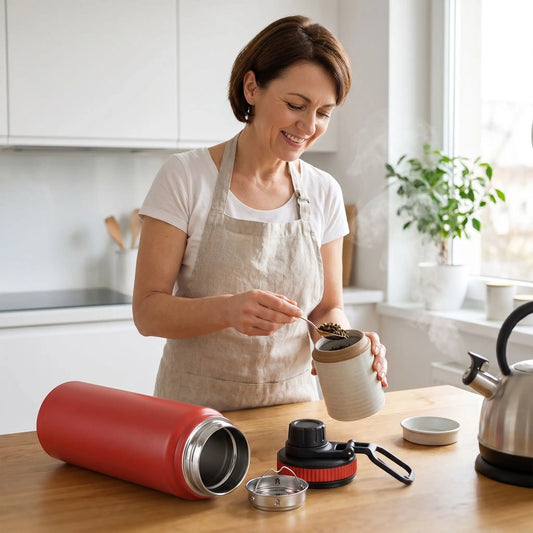 gourde isotherme femme dans cuisine préparant son thé dans gourde