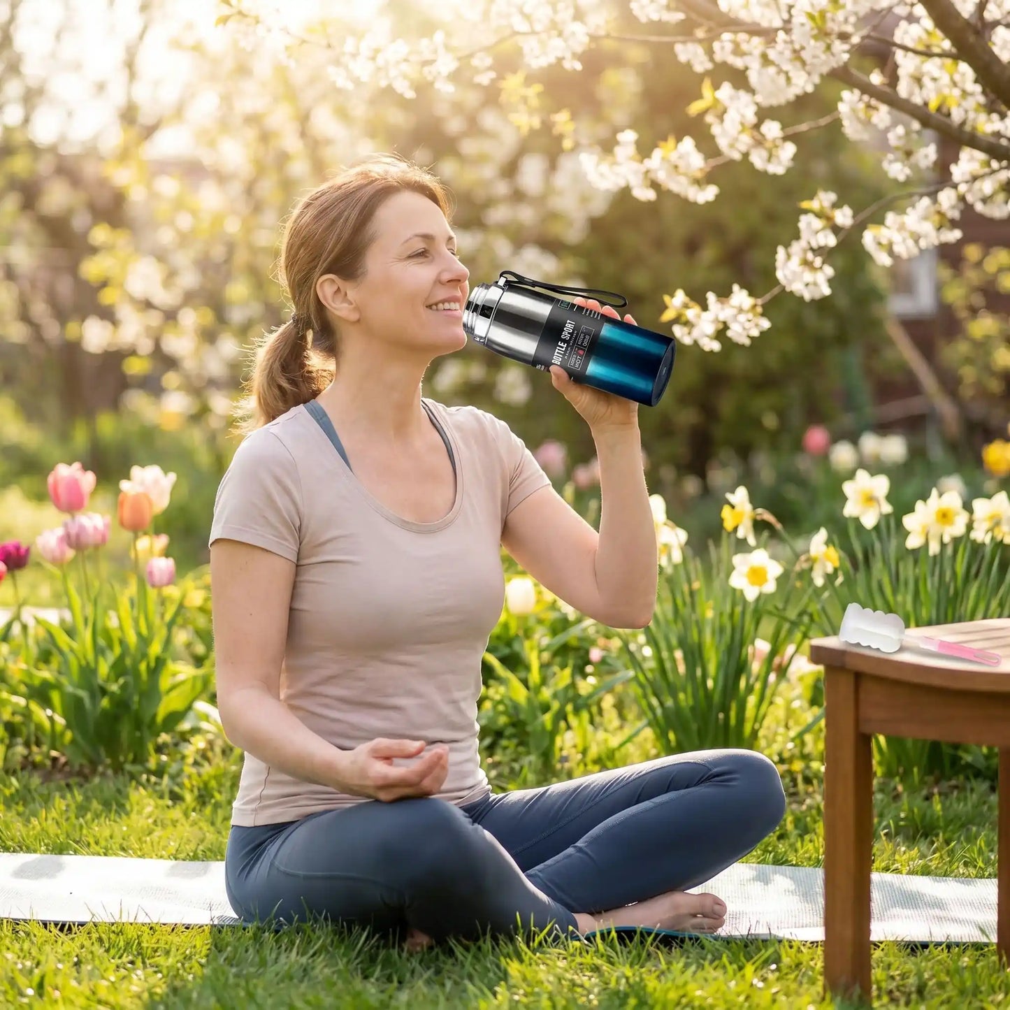 gourde isotherme femme dans son jardin buvant au milieu entrainement yoga