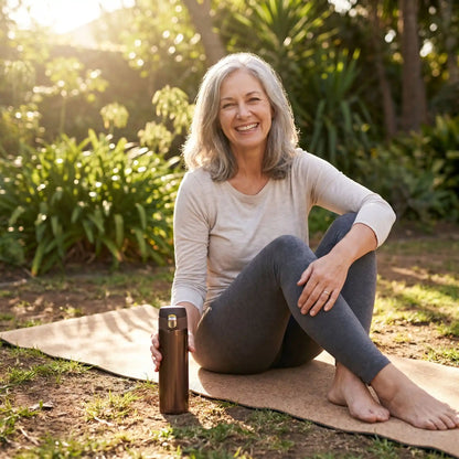 gourde isotherme femme dans son jardin séance yoga avec gourde
