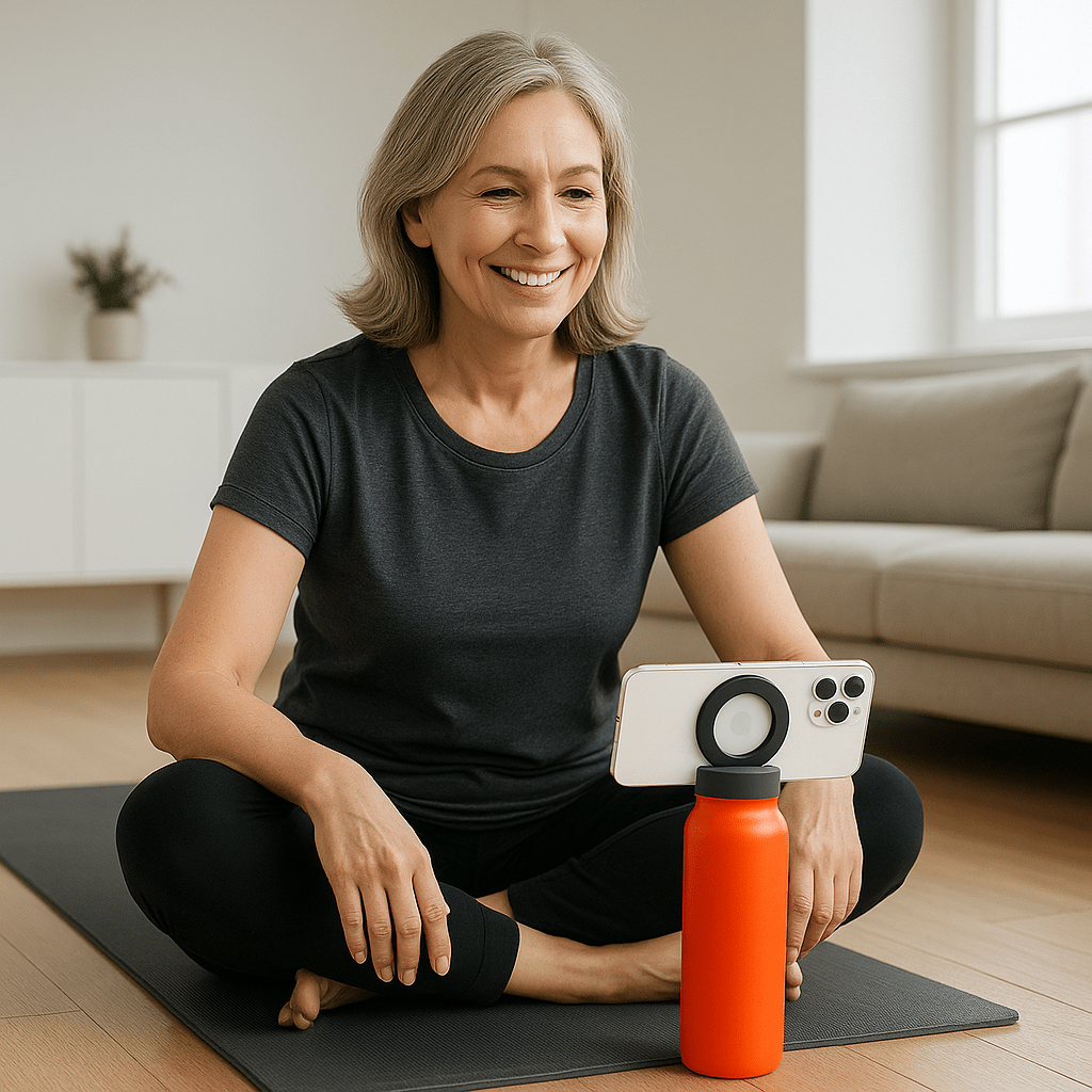 gourde isotherme femme seance gym sur tapis dans son salon