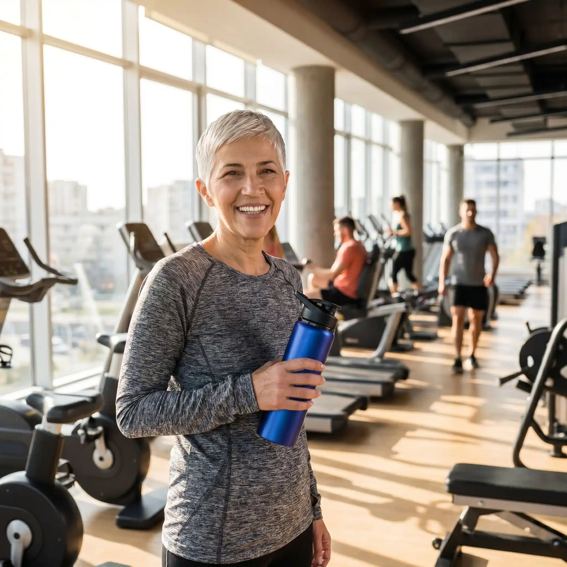 gourde isotherme femme souriante à la salle sport