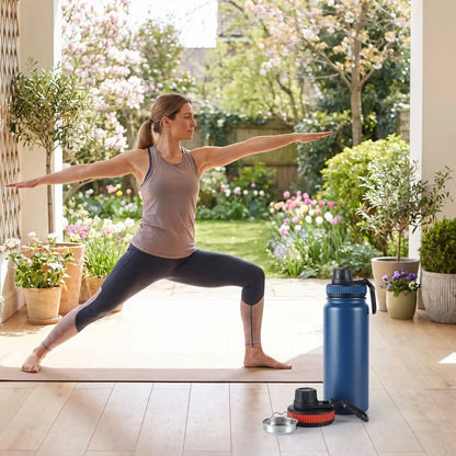 gurde isotherme femme terrasse faisant yoga avec gourde