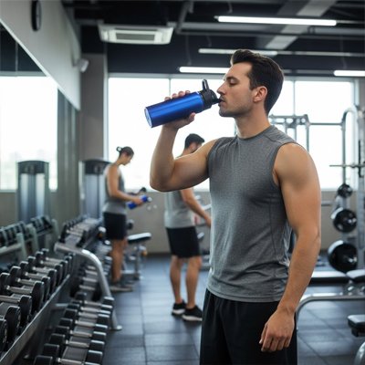 Gourde isotherme homme buvant entre deux exercices à la salle de sport