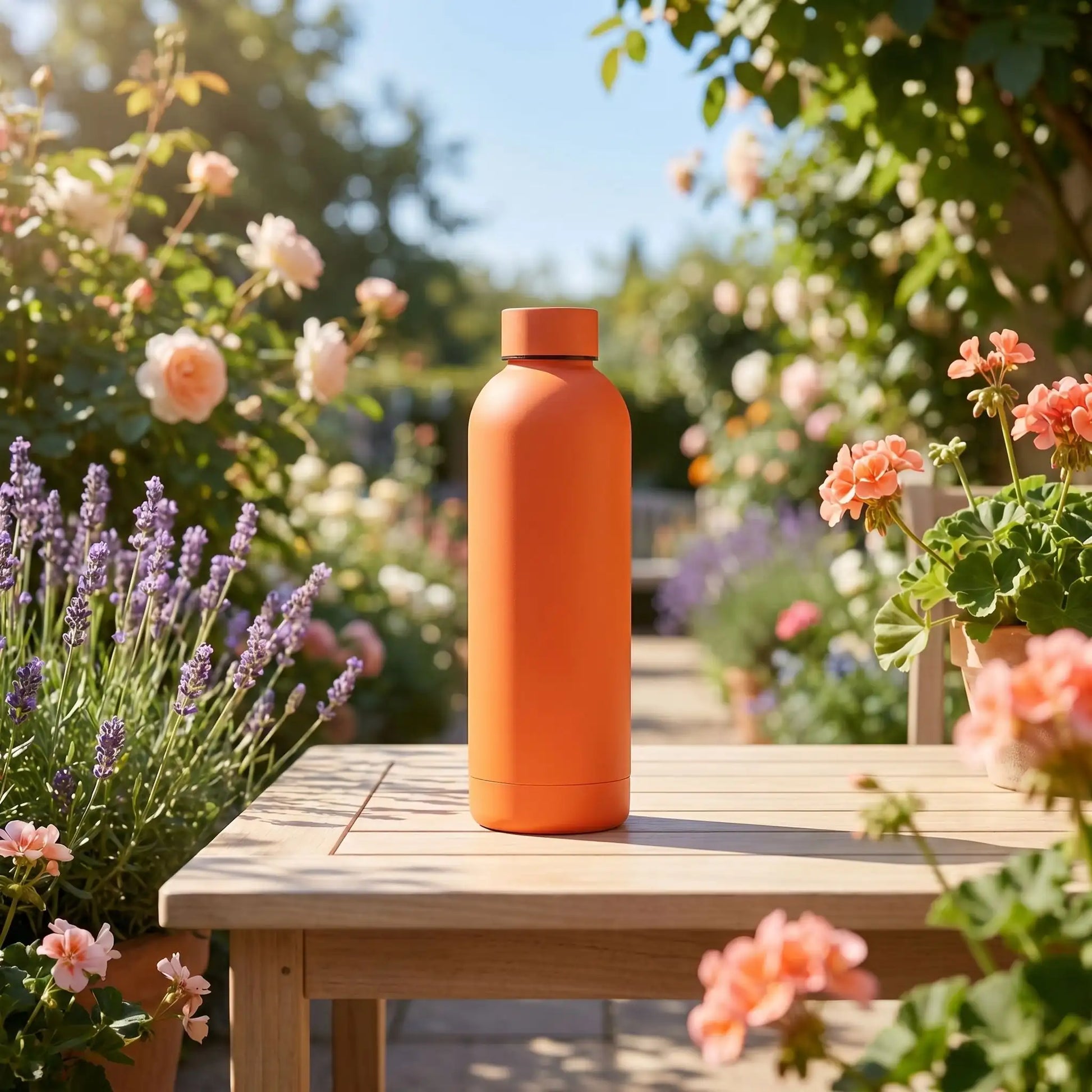 gourde isotherme orange sur une tableau dans jardin
