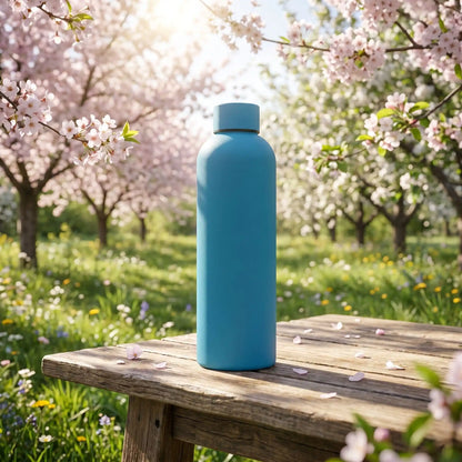 gourde isotherme verte sur table dans jardin arboré