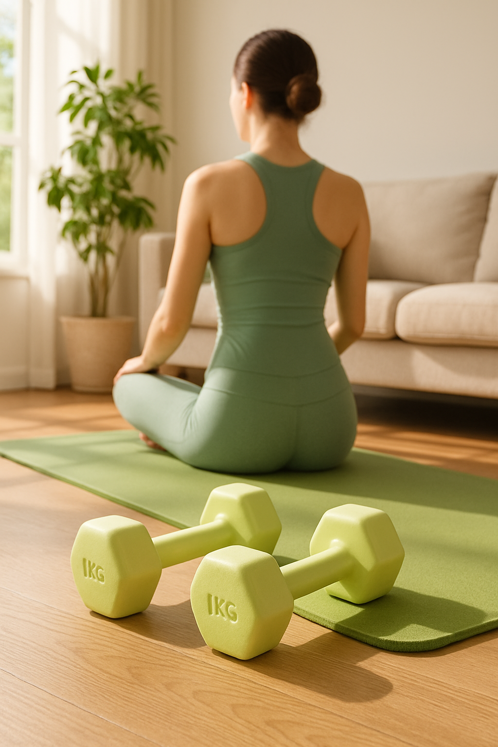 haltere femme dans son salon exercices fitness