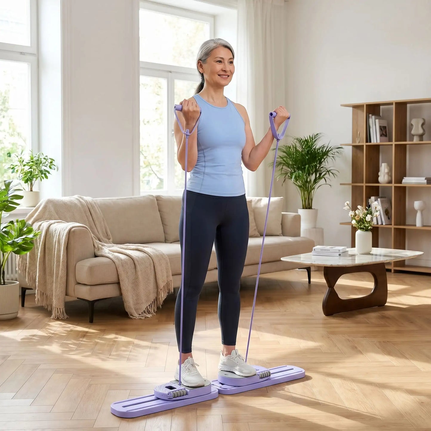 Plnache de Pilates femme 55ans faisant exercices dans son salon