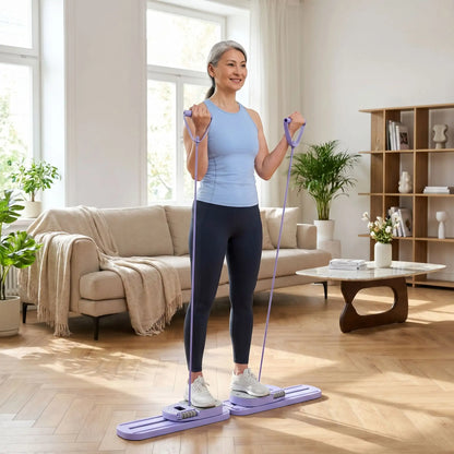 Plnache de Pilates femme 55ans faisant exercices dans son salon