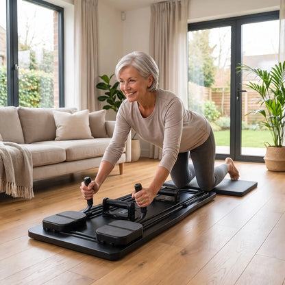Planche de Pilates femme à domicile séance dans son salon