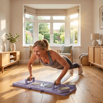 planche de Pilates femme abdos devant baie à domicile