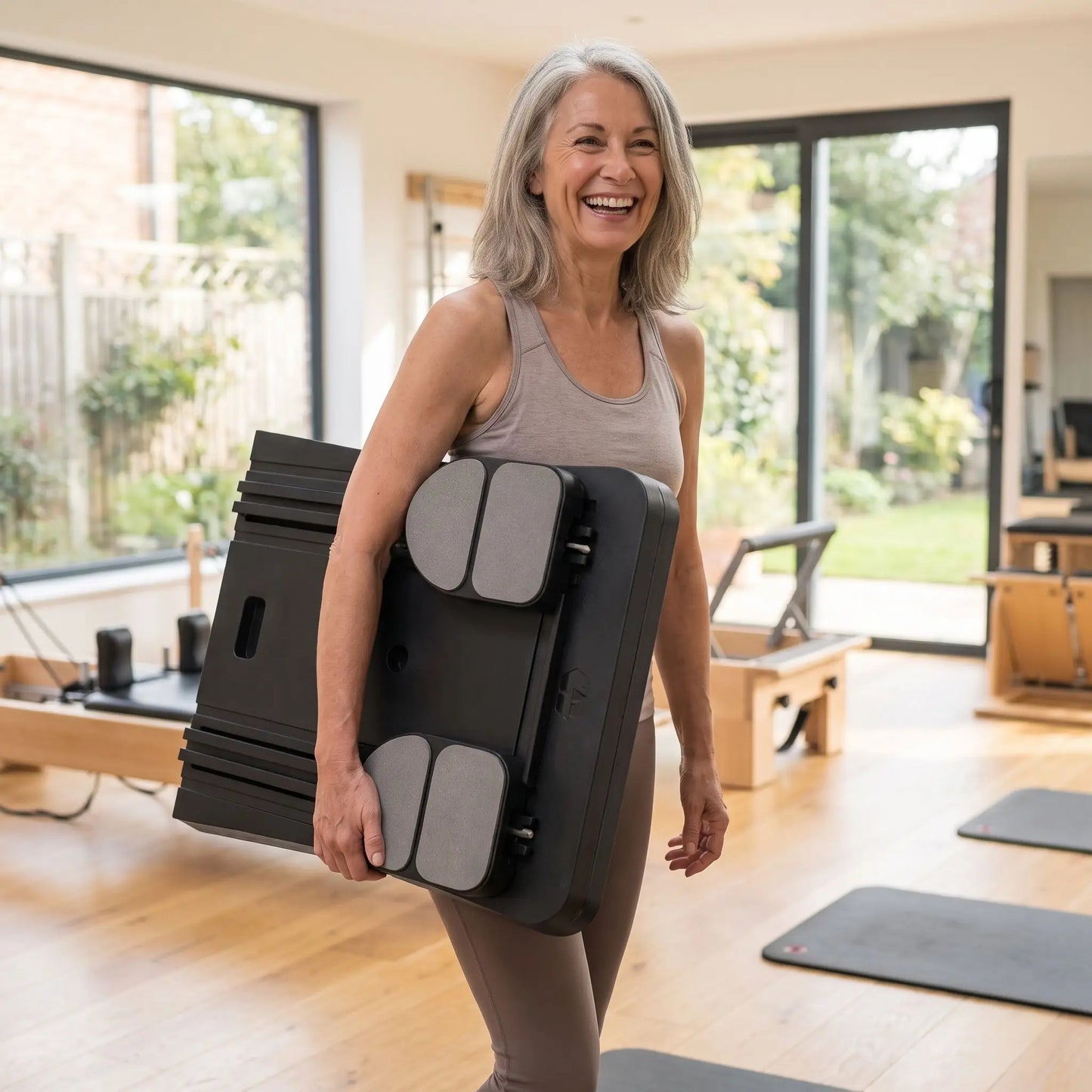 Planche de Pilates femme au studio pour séance Pilates heureuse et souriante