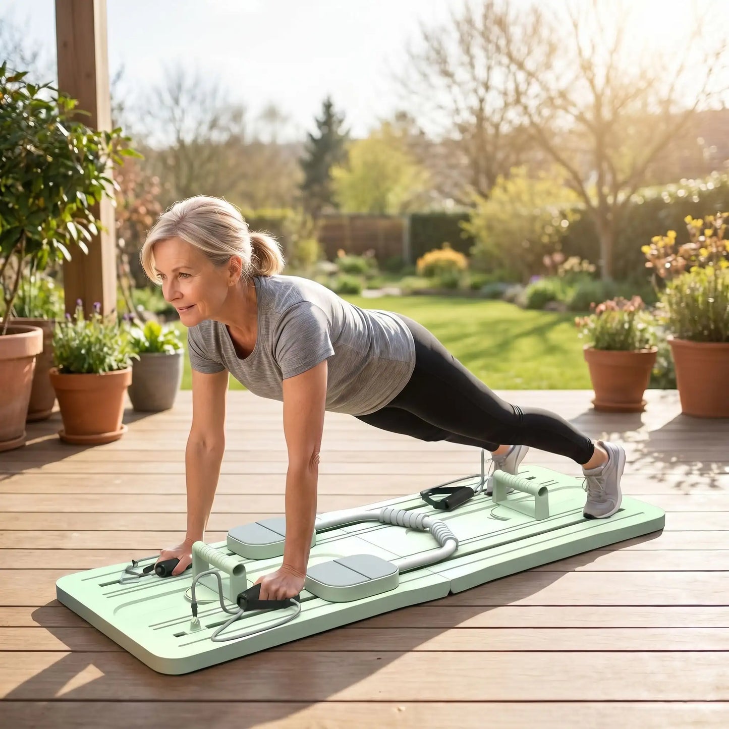 planche de Pilates femme entrainement sur sa terrasse