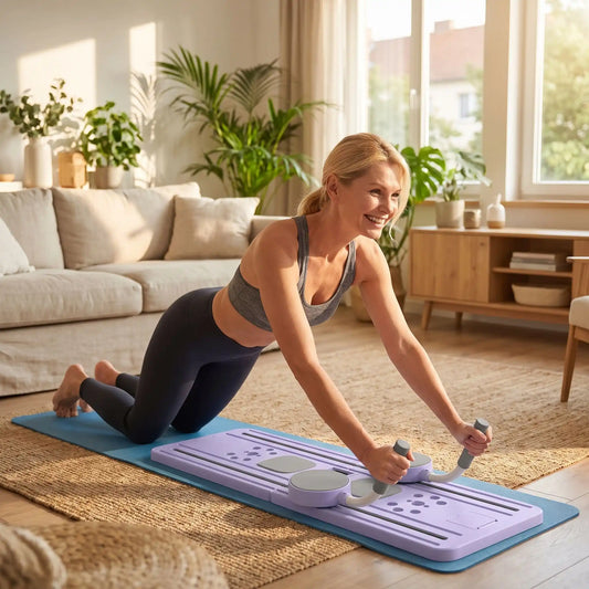 planche de Pilates femme salon exercices gainage