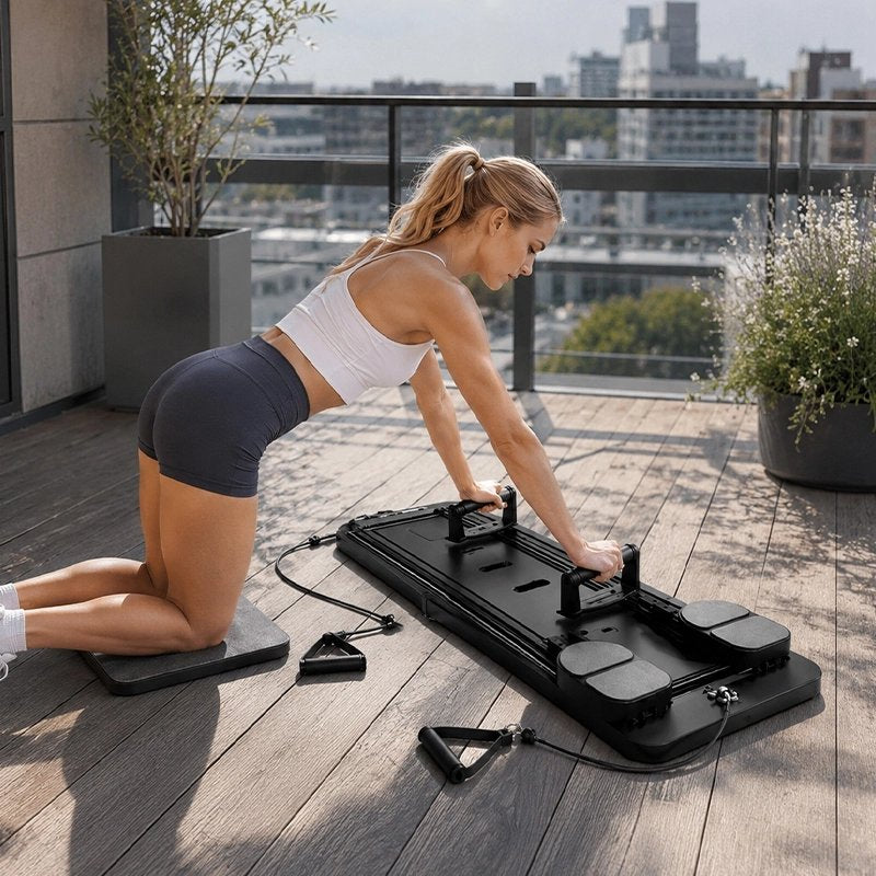 Planche de pilates femme sur sa terrasse exercices