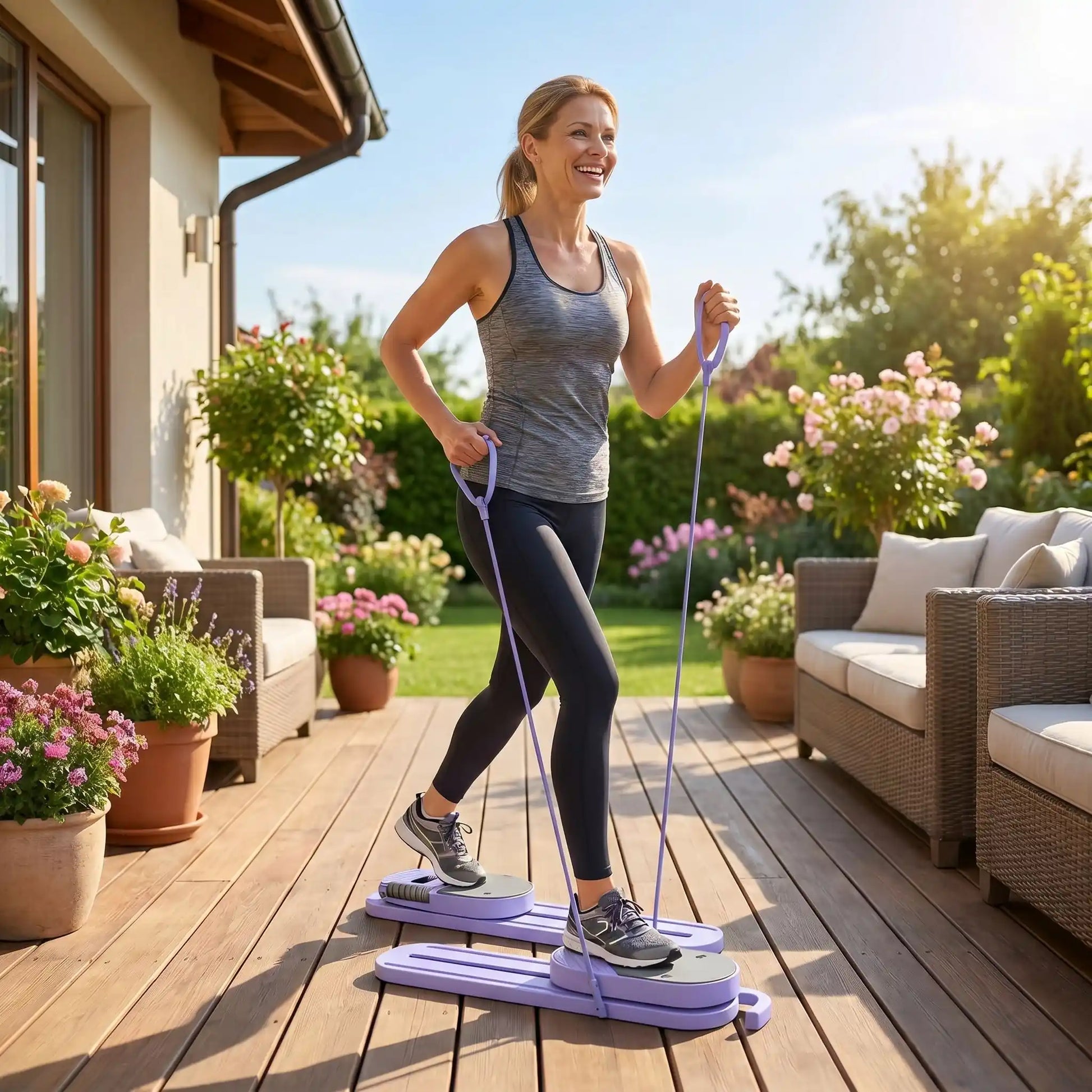 planche de pilates felle sur sa terrasse faisant exercices avec planche