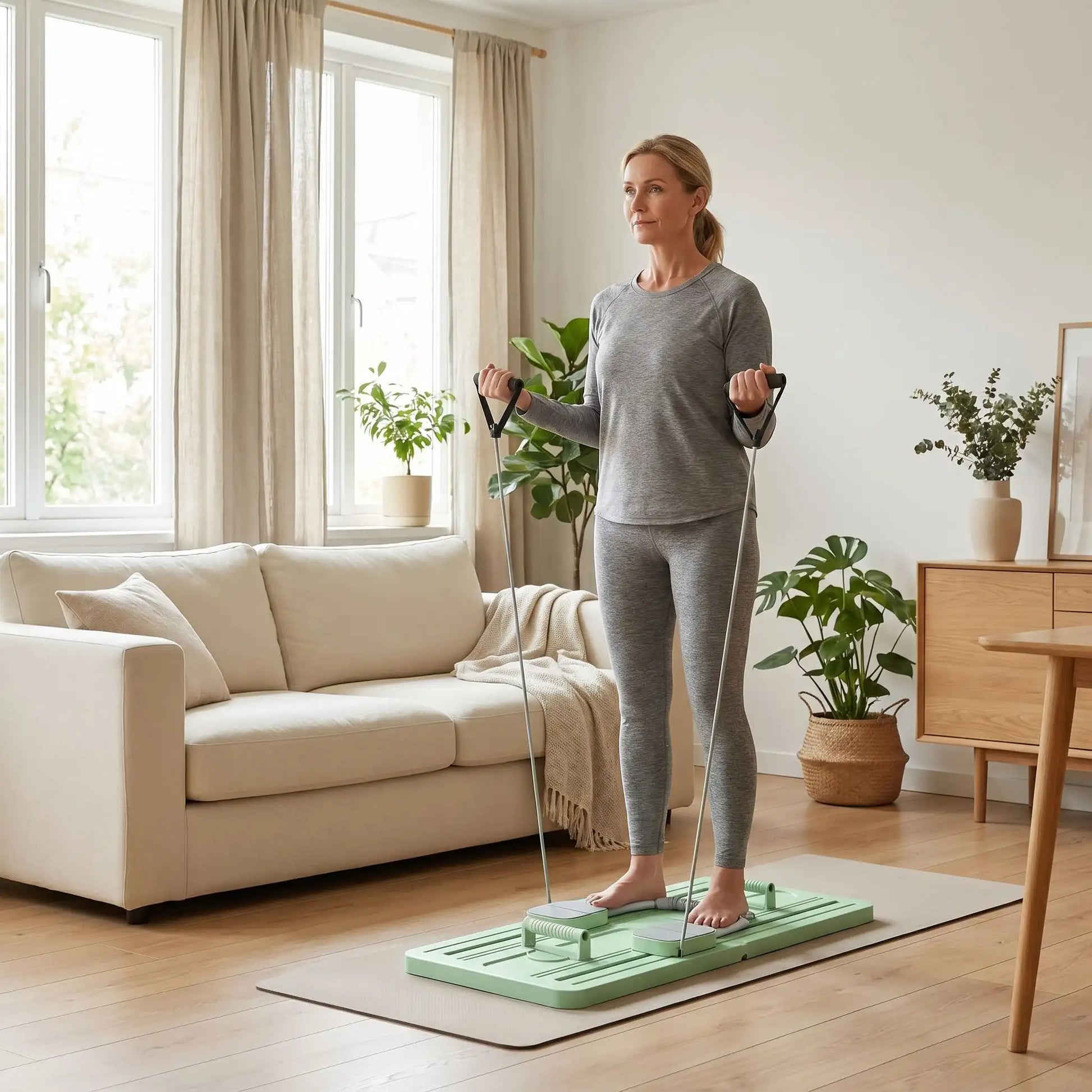 planche de Pilates verte femme dans son salon exercices