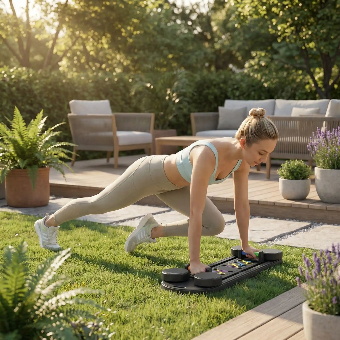 planche Fitness femme s entrainant dans son jardin abdos