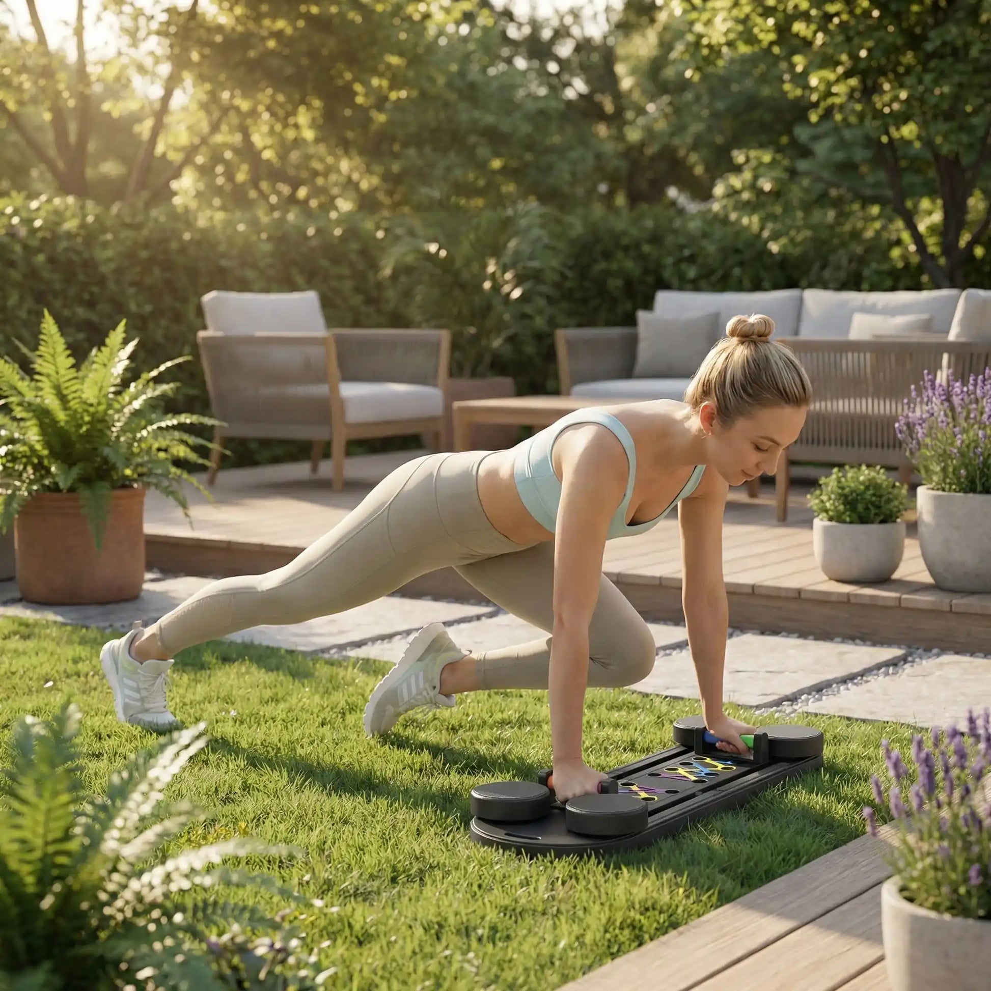 planche Fitness femme s entrainant dans son jardin abdos
