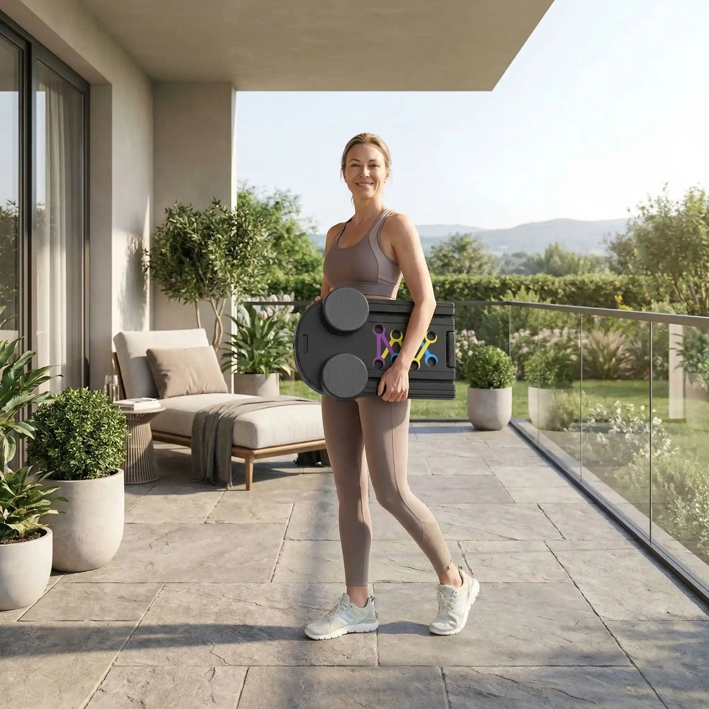 planche Fitness  femme sereine sur sa terrasse