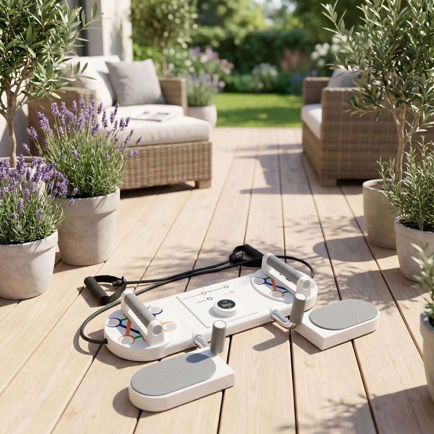 planche Pilates blanche et ses accessoires sur sa terrasse  dans jardin