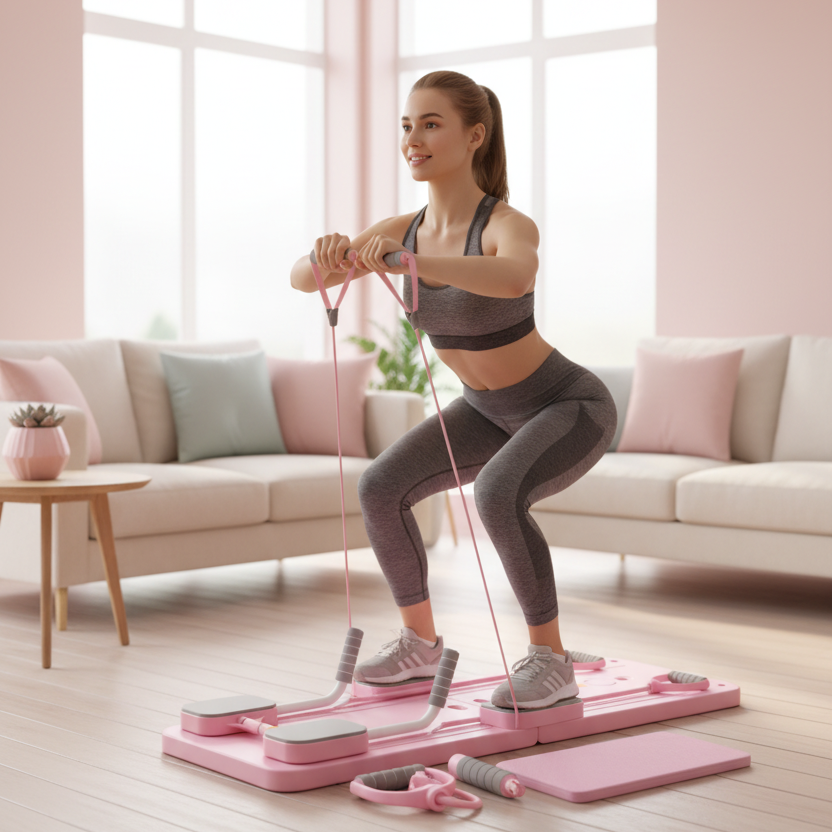 planche Pilates femme dans salon faisant exercices