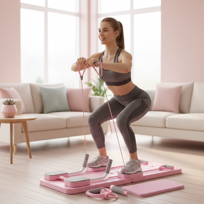 planche Pilates femme dans salon faisant exercices