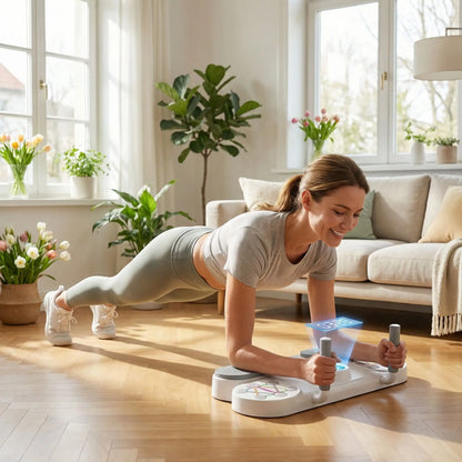 planche Pilates femme sereine gainage à domicile
