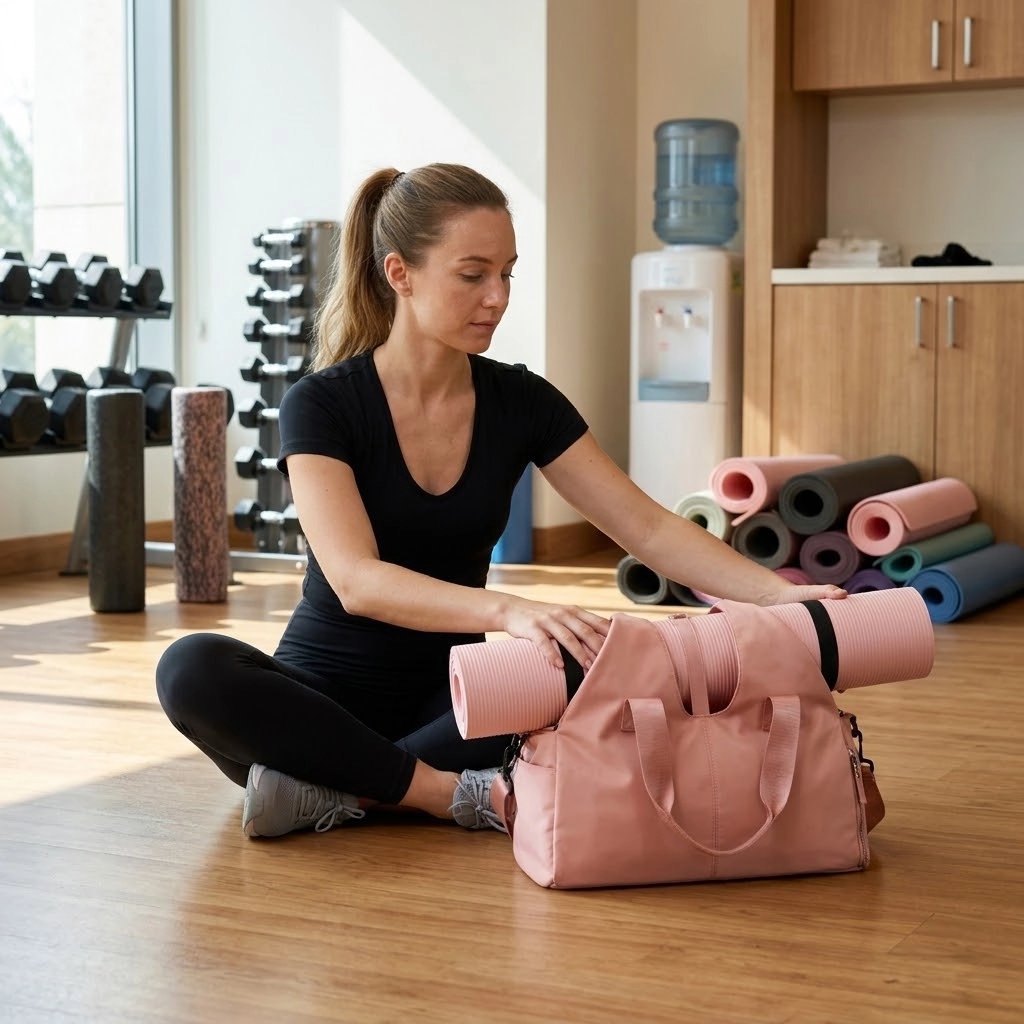 Sac de sport femme arrivant au studio avec son sac et tapis