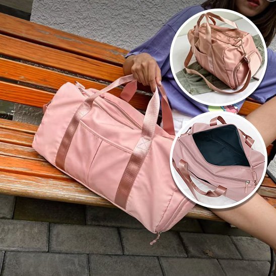 sac de sport femme dehors assise sur un ban
