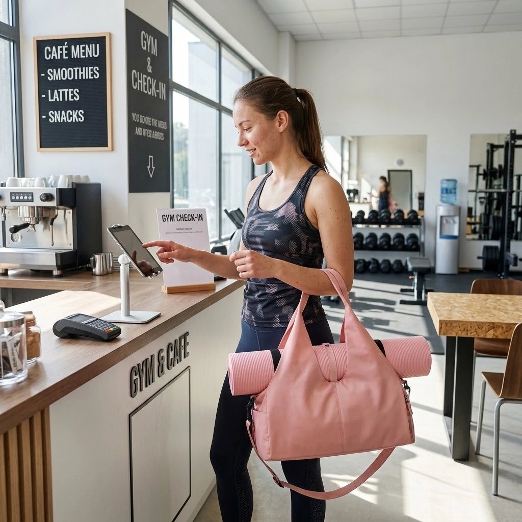 Sac de sport femme se préparant à partir avec ces affaires de yoga et son sac